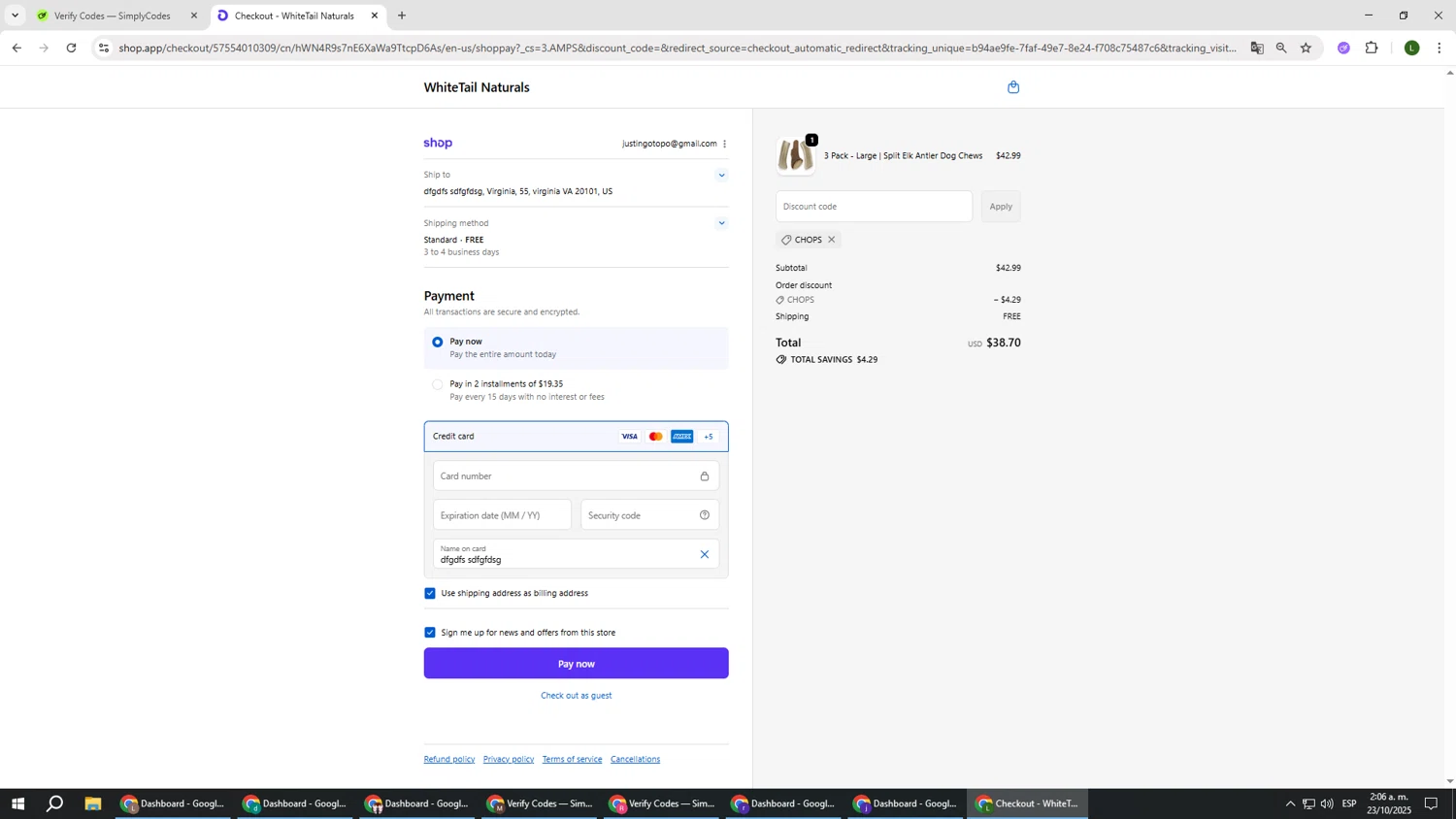 White Tail Naturals promo code screenshot showing code CHOPS applied at White Tail Naturals checkout page. Uploaded by SimplyCodes community member DUCATI on Oct 23, 2025