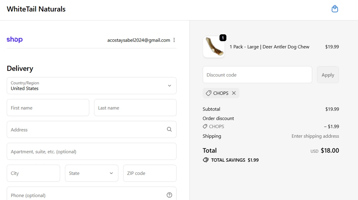 White Tail Naturals promo code screenshot showing code CHOPS applied at White Tail Naturals checkout page. Uploaded by SimplyCodes community member Gray_75 on Nov 2, 2025
