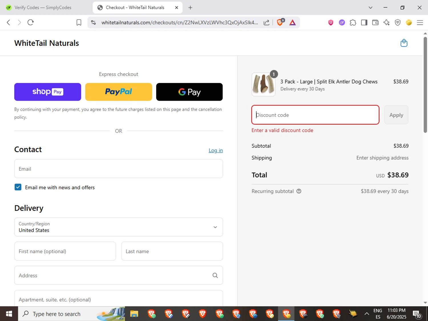 White Tail Naturals promo code screenshot showing code DOGDAYS25 applied at White Tail Naturals checkout page. Uploaded by SimplyCodes community member QuestWarden1268 on Jun 21, 2025