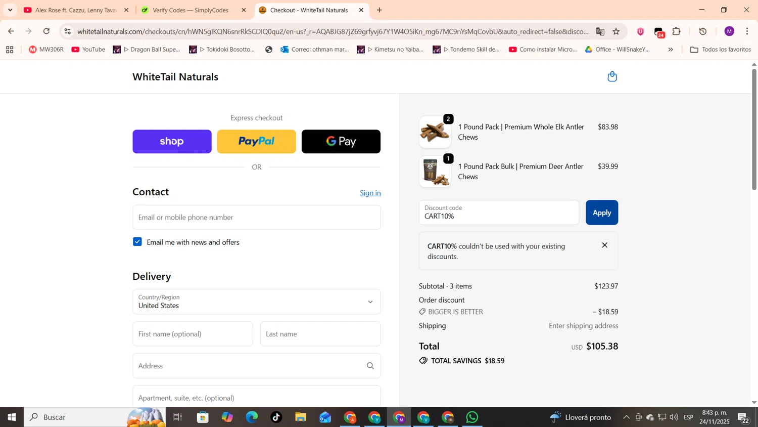 White Tail Naturals promo code screenshot showing code CART10% applied at White Tail Naturals checkout page. Uploaded by SimplyCodes community member cod_gakpo on Nov 25, 2025