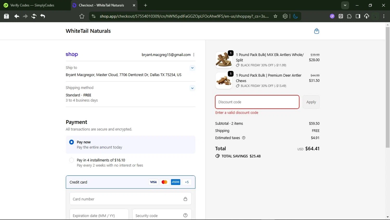 White Tail Naturals promo code screenshot showing code BLACKFRIDAY applied at White Tail Naturals checkout page. Uploaded by SimplyCodes community member RewardMonarch1185 on Nov 29, 2025
