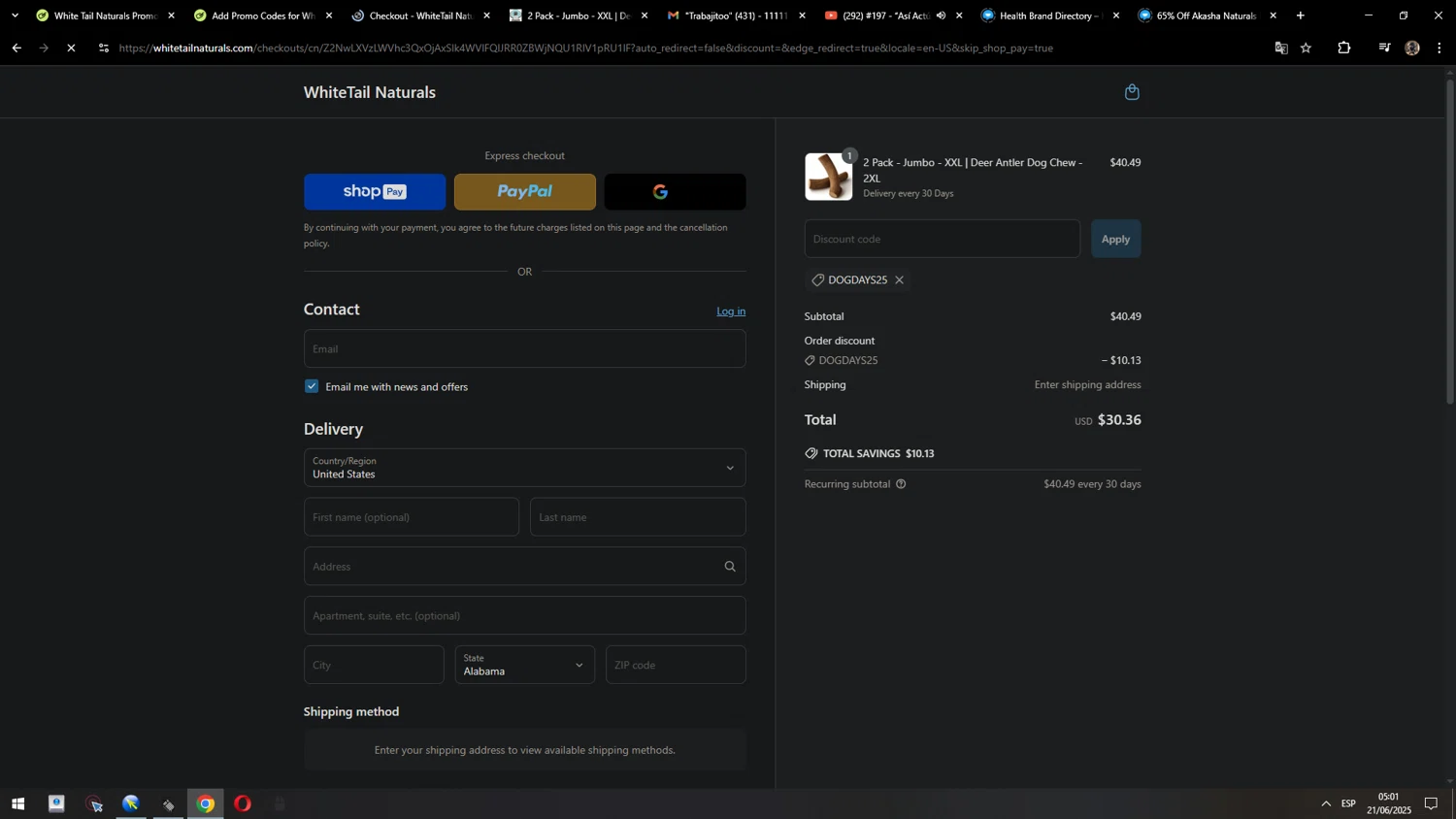 White Tail Naturals promo code screenshot showing code DOGDAYS25 applied at White Tail Naturals checkout page. Uploaded by SimplyCodes community member MarcosAranguren on Jun 21, 2025