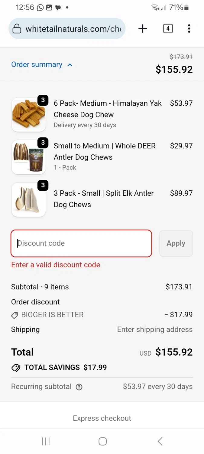 White Tail Naturals promo code screenshot showing code BLACKFRIDAY applied at White Tail Naturals checkout page. Uploaded by SimplyCodes community member ScanMaverick9378 on Nov 22, 2025