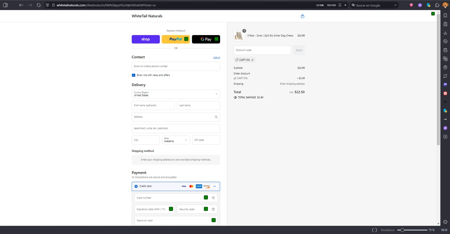 White Tail Naturals promo code screenshot showing code CART10% applied at White Tail Naturals checkout page. Uploaded by SimplyCodes community member MRDEAL on Sep 8, 2025