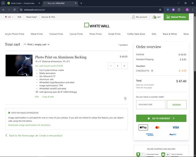 WhiteWall checkout page showing WhiteWall coupon code box | Screenshot taken by SimplyCodes community member on Jul 18, 2025
