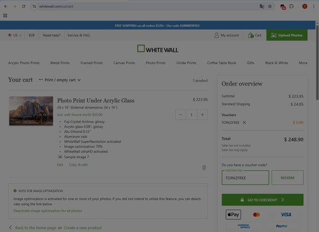 WhiteWall checkout page showing WhiteWall coupon code box | Screenshot taken by SimplyCodes community member on Aug 11, 2025