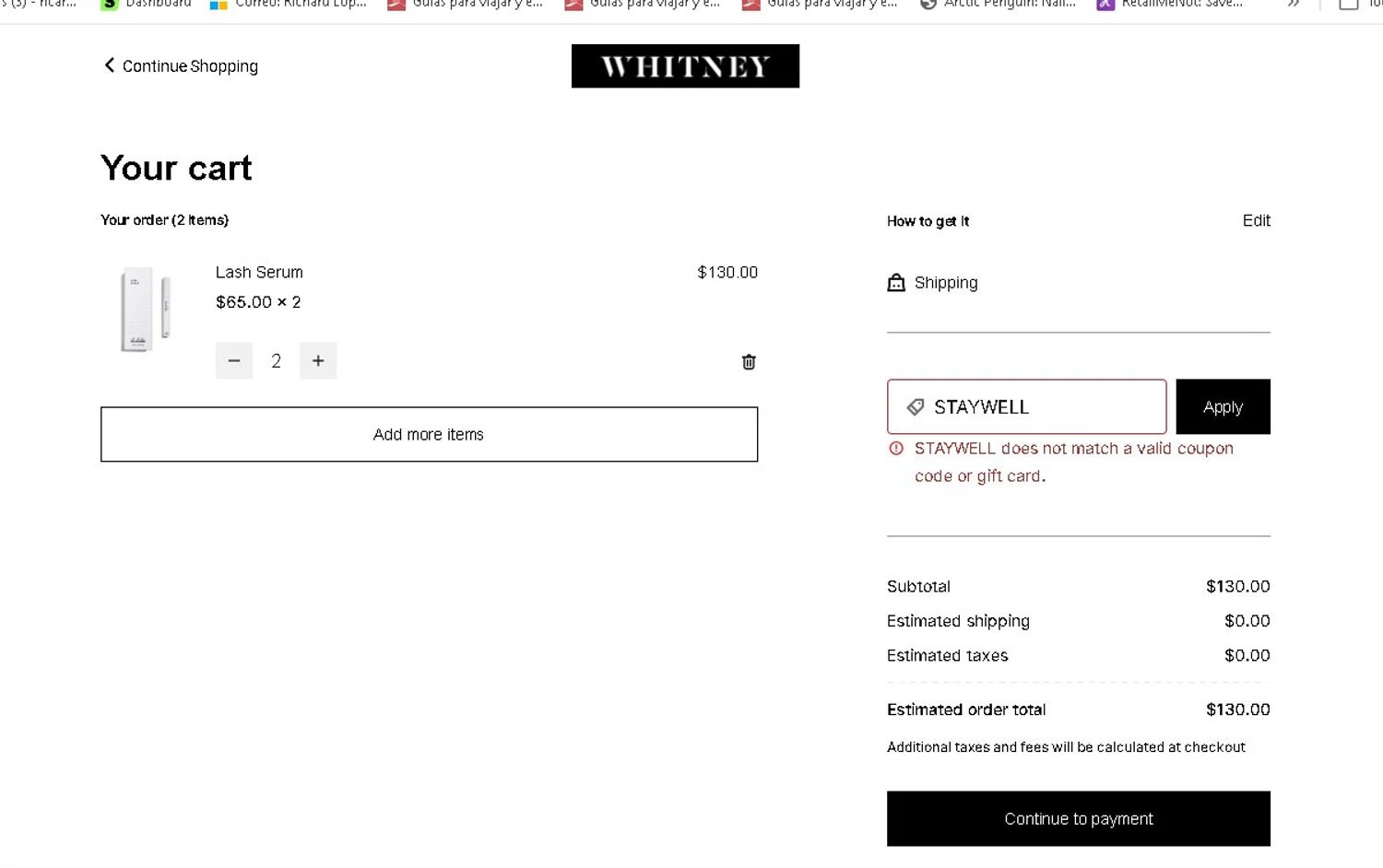 WHITNEY promo code screenshot showing code STAYWELL applied at WHITNEY checkout page. Uploaded by SimplyCodes community member LAMINEJAMAL on Jan 26, 2026