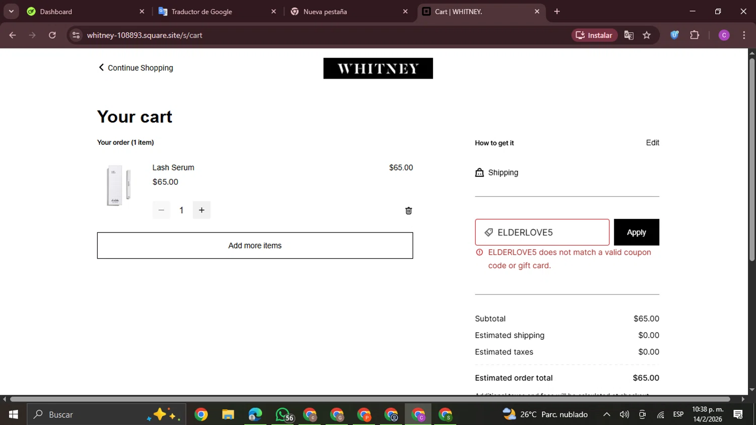 WHITNEY promo code screenshot showing code ELDERLOVE5 applied at WHITNEY checkout page. Uploaded by SimplyCodes community member GloriousDefender7889 on Feb 15, 2026