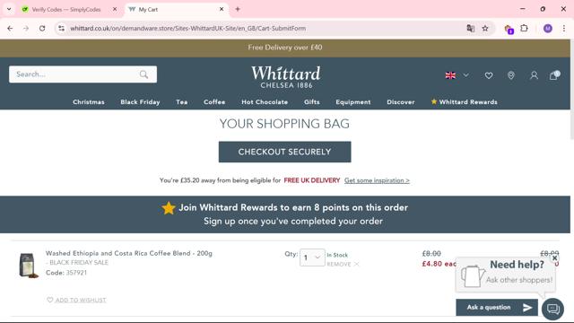 Whittard of Chelsea checkout page showing Whittard of Chelsea promo code box | Screenshot taken by SimplyCodes community member on Nov 24, 2024