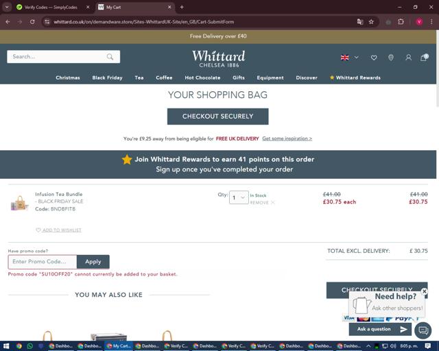 Whittard of Chelsea checkout page showing Whittard of Chelsea promo code box | Screenshot taken by SimplyCodes community member on Nov 24, 2024