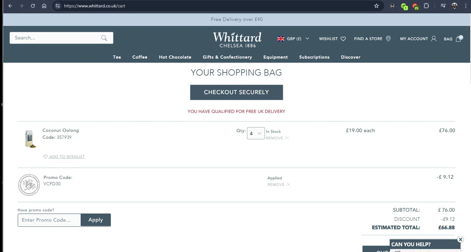 where to use Whittard Of Chelsea promo code box