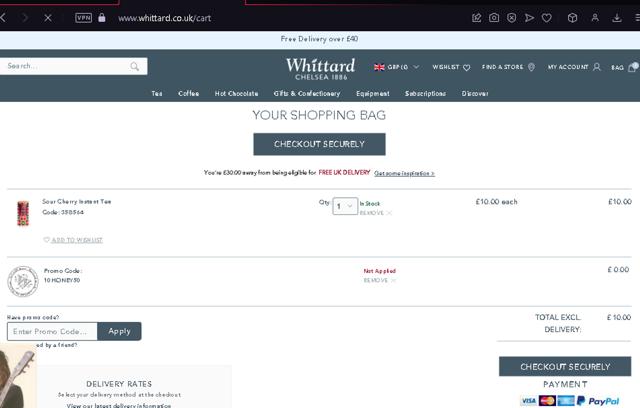 Whittard of Chelsea checkout page showing Whittard of Chelsea promo code box | Screenshot taken by SimplyCodes community member on May 26, 2024