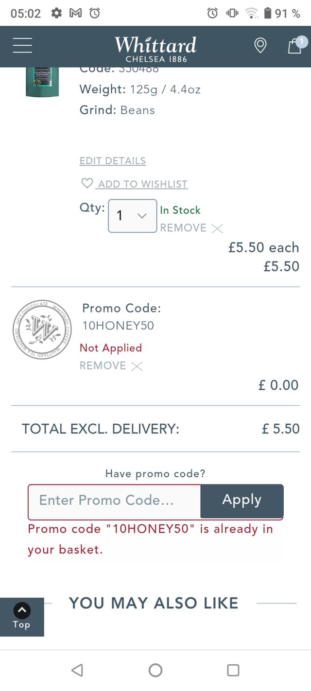 Whittard of Chelsea checkout page showing Whittard of Chelsea promo code box | Screenshot taken by SimplyCodes community member on Oct 22, 2024