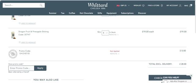 Whittard of Chelsea checkout page showing Whittard of Chelsea promo code box | Screenshot taken by SimplyCodes community member on Jun 24, 2024