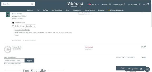 Whittard of Chelsea checkout page showing Whittard of Chelsea promo code box | Screenshot taken by SimplyCodes community member on Aug 19, 2024