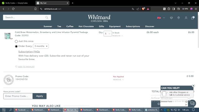 Whittard of Chelsea checkout page showing Whittard of Chelsea promo code box | Screenshot taken by SimplyCodes community member on Jul 23, 2024
