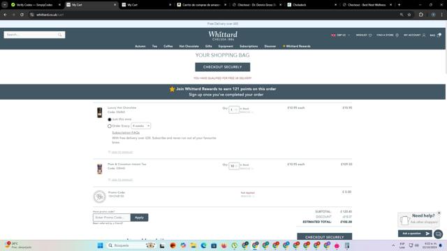 Whittard of Chelsea checkout page showing Whittard of Chelsea promo code box | Screenshot taken by SimplyCodes community member on Oct 22, 2024