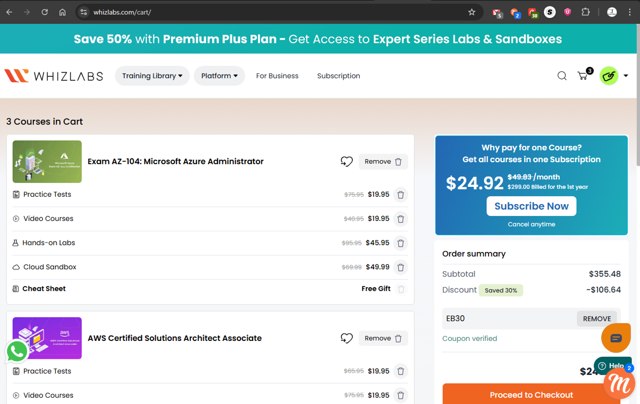 Whizlabs checkout page showing Whizlabs promo code box | Screenshot taken by SimplyCodes community member on Sep 8, 2025