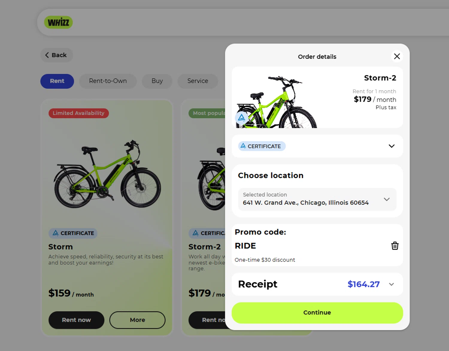 Whizz Bike promo code screenshot showing code RIDE applied at Whizz Bike checkout page. Uploaded by SimplyCodes community member Locura on Oct 9, 2025