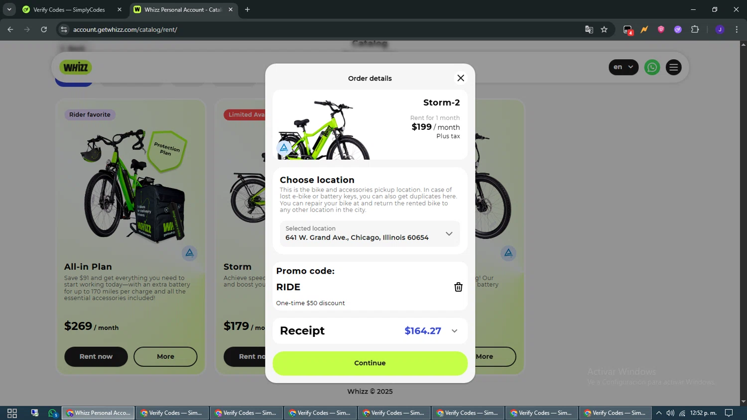 Whizz Bike promo code screenshot showing code RIDE applied at Whizz Bike checkout page. Uploaded by SimplyCodes community member WiseMaven9968 on Jun 22, 2025