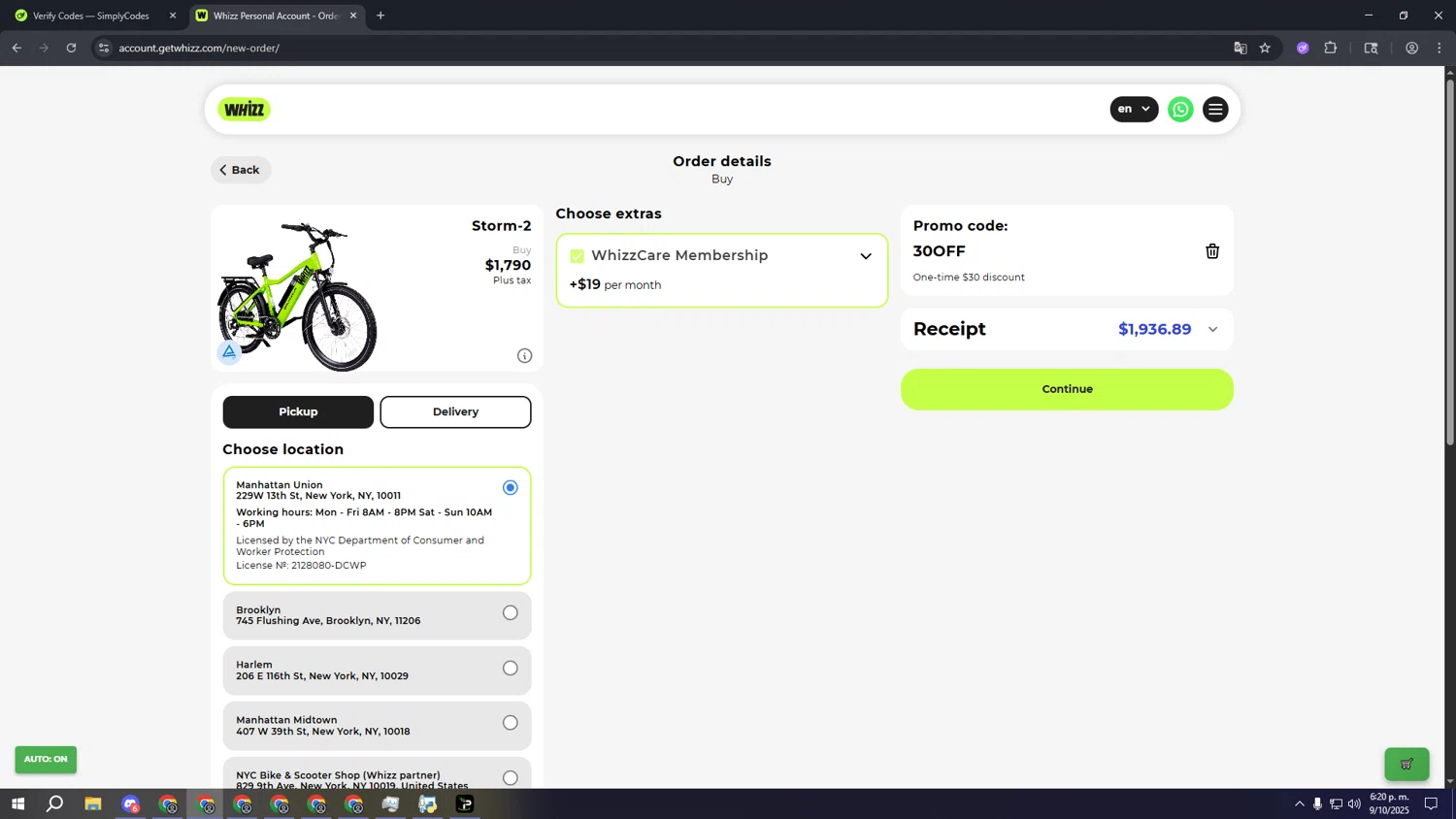 Whizz Bike promo code screenshot showing code 30OFF applied at Whizz Bike checkout page. Uploaded by SimplyCodes community member aaaaaaaaaaaaaaaa on Oct 9, 2025