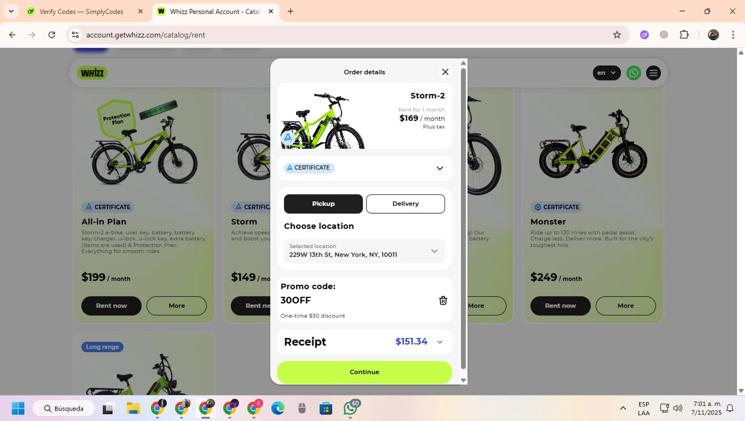 Whizz Bike promo code screenshot showing code 30OFF applied at Whizz Bike checkout page. Uploaded by SimplyCodes community member CoinScout855 on Nov 7, 2025