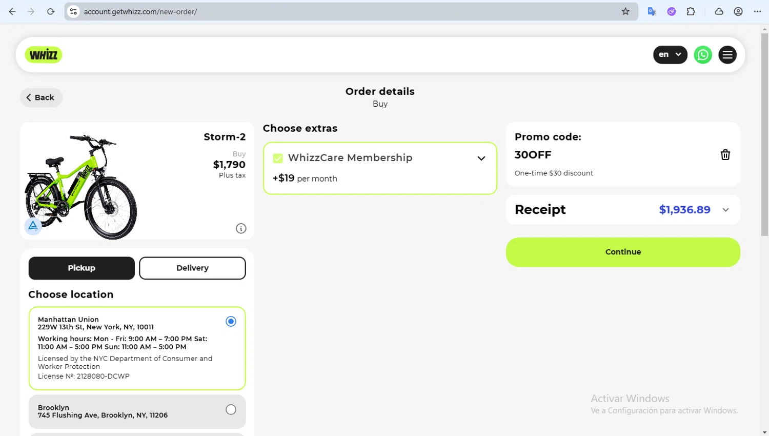 Whizz Bike checkout page showing Whizz Bike promo code box | Screenshot taken by SimplyCodes community member on Feb 8, 2026