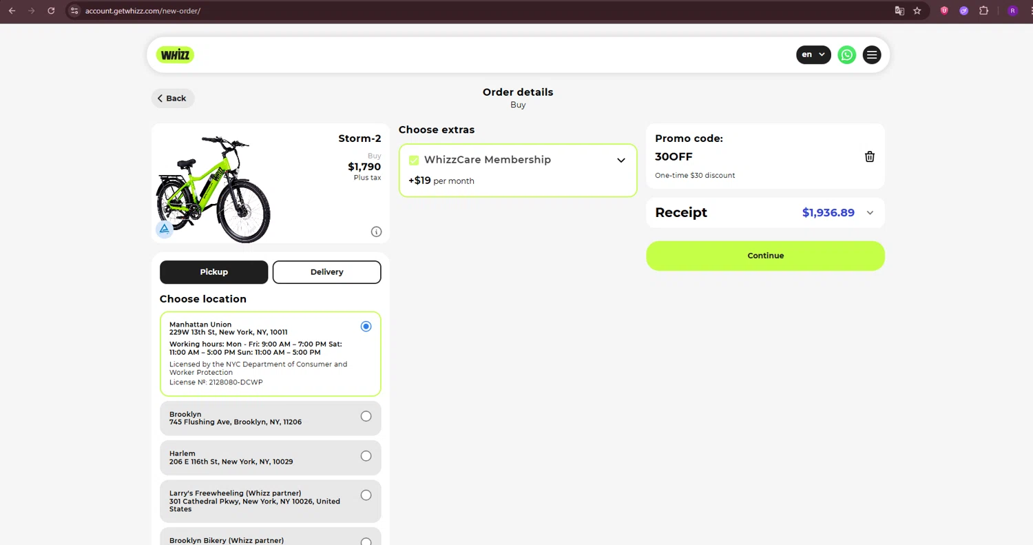 Whizz Bike checkout page showing Whizz Bike promo code box | Screenshot taken by SimplyCodes community member on Feb 10, 2026