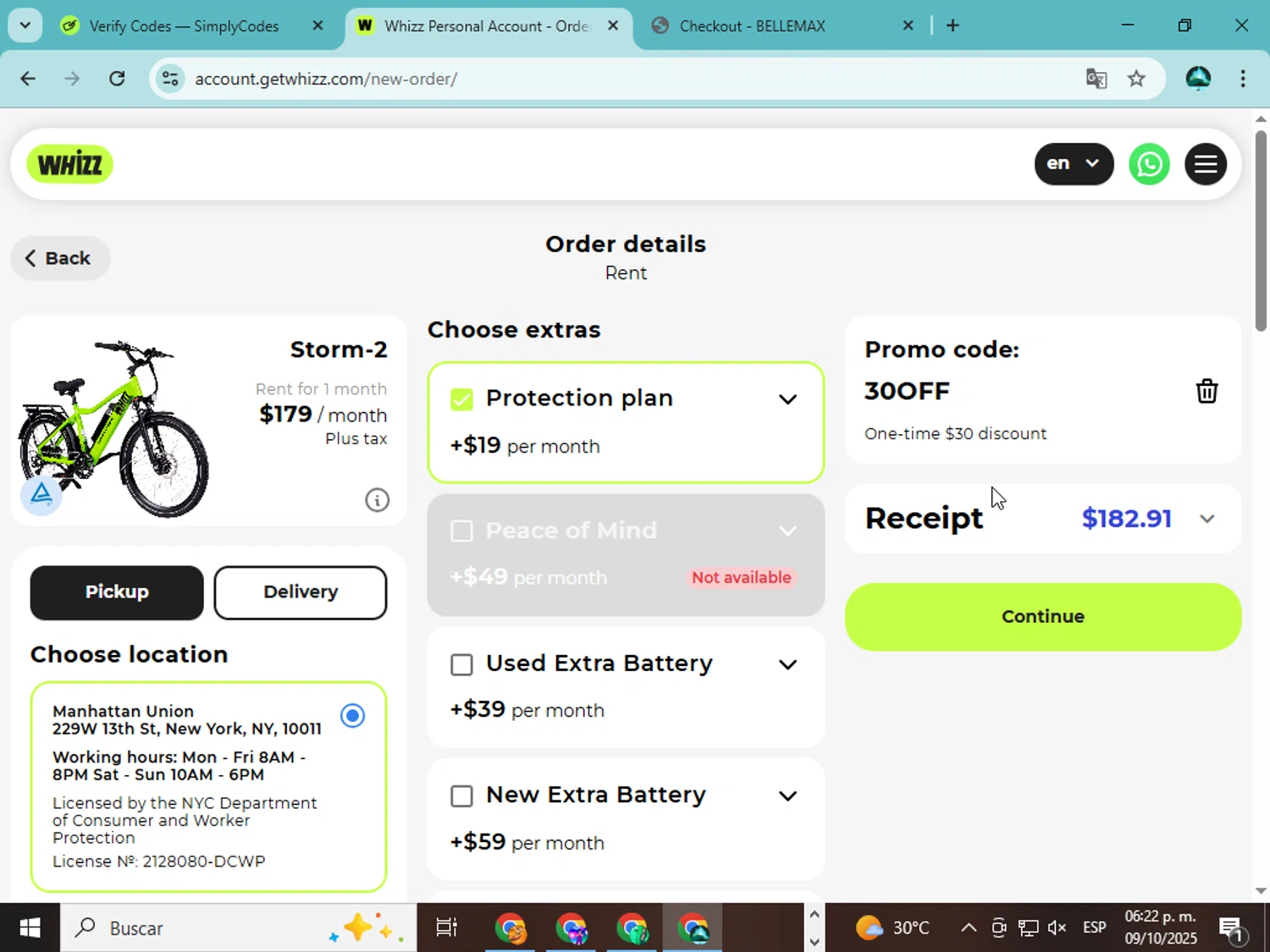 Whizz Bike promo code screenshot showing code 30OFF applied at Whizz Bike checkout page. Uploaded by SimplyCodes community member ingri85 on Oct 9, 2025