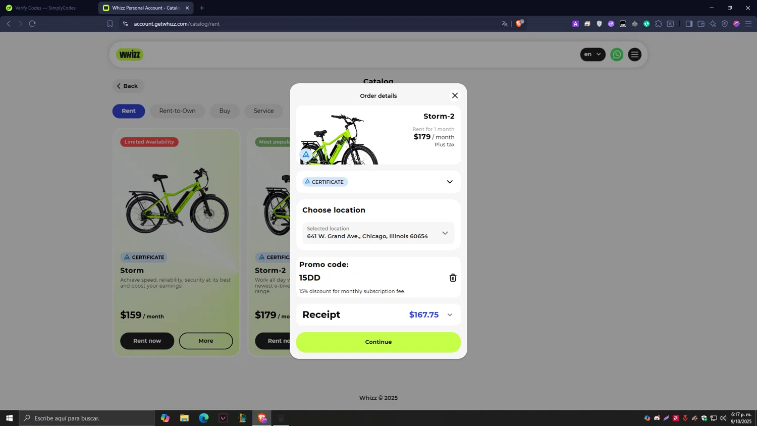 Whizz Bike promo code screenshot showing code 15DD applied at Whizz Bike checkout page. Uploaded by SimplyCodes community member Tragedy on Oct 9, 2025