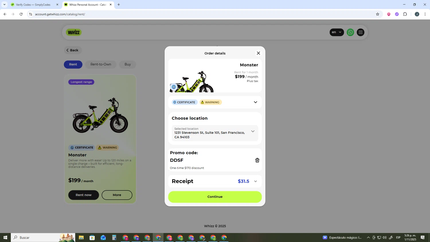 Whizz Bike promo code screenshot showing code DDSF applied at Whizz Bike checkout page. Uploaded by SimplyCodes community member AVATIGRITO on Nov 1, 2025