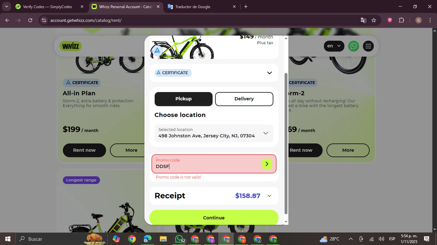 Whizz Bike promo code screenshot showing code DDSF applied at Whizz Bike checkout page. Uploaded by SimplyCodes community member BrilliantTracker4207 on Nov 1, 2025