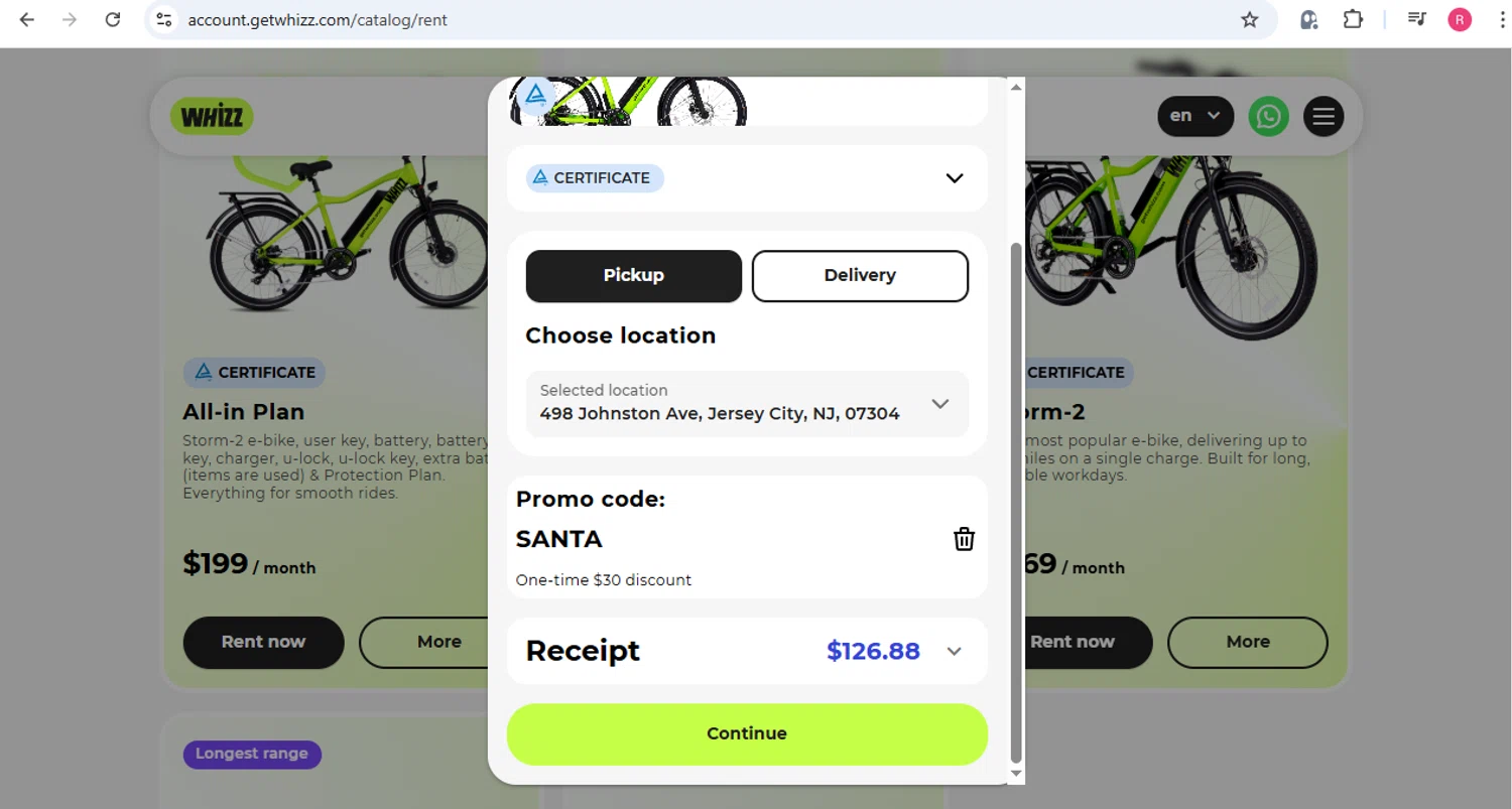 Whizz Bike promo code screenshot showing code SANTA applied at Whizz Bike checkout page. Uploaded by SimplyCodes community member Milaya on Dec 6, 2025