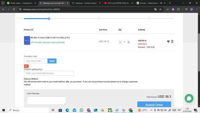 Whokeys checkout page showing Whokeys promo code box | Screenshot taken by SimplyCodes community member on Jul 27, 2025