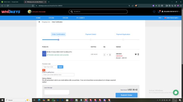 Whokeys checkout page showing Whokeys promo code box | Screenshot taken by SimplyCodes community member on Aug 25, 2025
