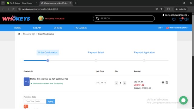 Whokeys checkout page showing Whokeys promo code box | Screenshot taken by SimplyCodes community member on Jul 27, 2025