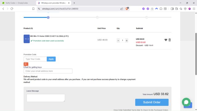 Whokeys checkout page showing Whokeys promo code box | Screenshot taken by SimplyCodes community member on Aug 25, 2025