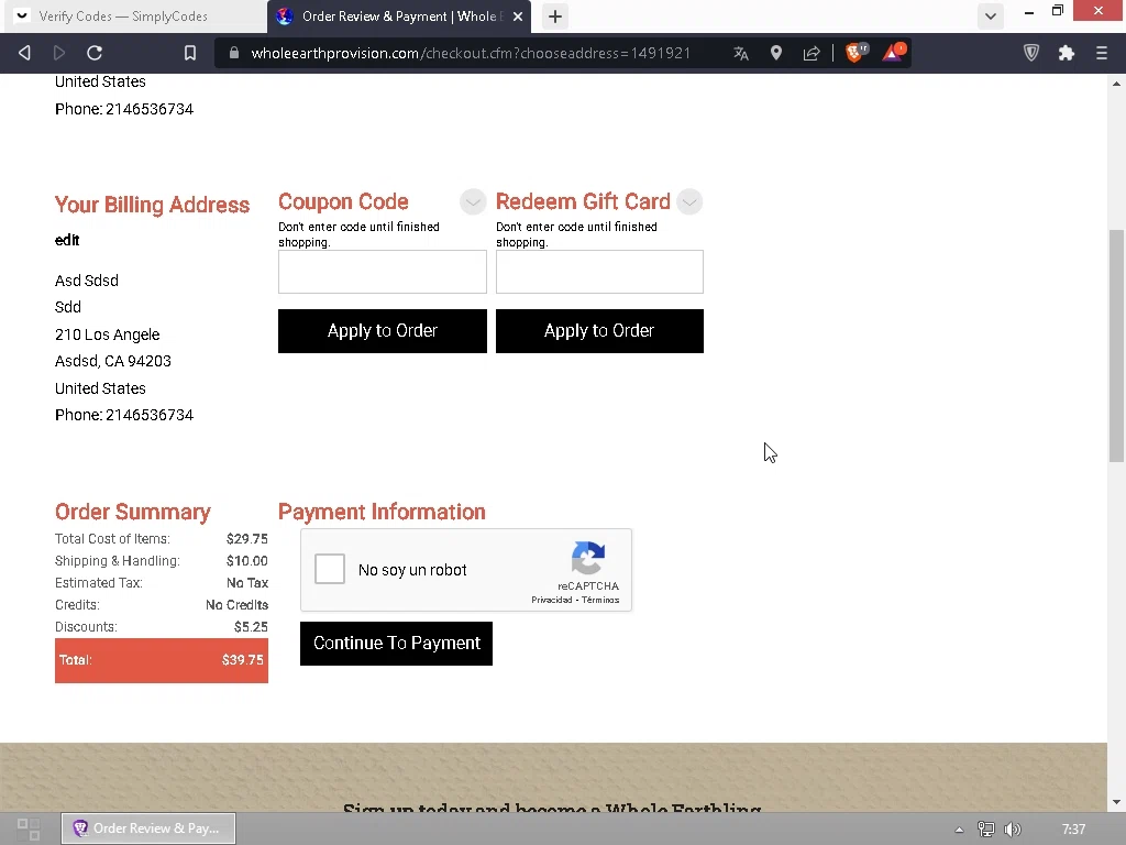 Whole Earth Provision checkout page showing Whole Earth Provision promo code box | Screenshot taken by SimplyCodes community member on May 1, 2023