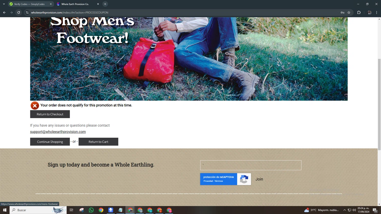 Whole Earth Provision checkout page showing Whole Earth Provision promo code box | Screenshot taken by SimplyCodes community member on Sep 17, 2024