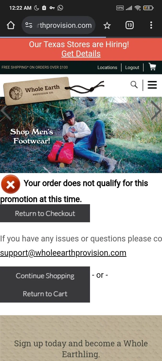 Whole Earth Provision checkout page showing Whole Earth Provision promo code box | Screenshot taken by SimplyCodes community member on Sep 18, 2024