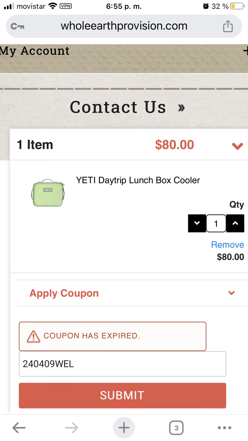 Whole Earth Provision promo code screenshot showing code 240409WEL applied at Whole Earth Provision checkout page. Uploaded by SimplyCodes community member ABHF23 on Mar 18, 2025