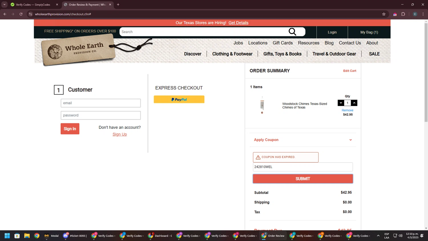 Whole Earth Provision promo code screenshot showing code 242810WEL applied at Whole Earth Provision checkout page. Uploaded by SimplyCodes community member GloriousPioneer2942 on Mar 4, 2025