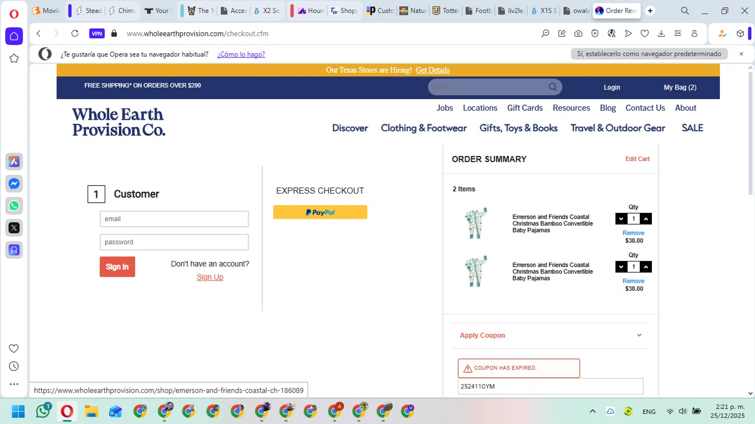 Whole Earth Provision promo code screenshot showing code 252411CYM applied at Whole Earth Provision checkout page. Uploaded by SimplyCodes community member MariAPB on Dec 25, 2025