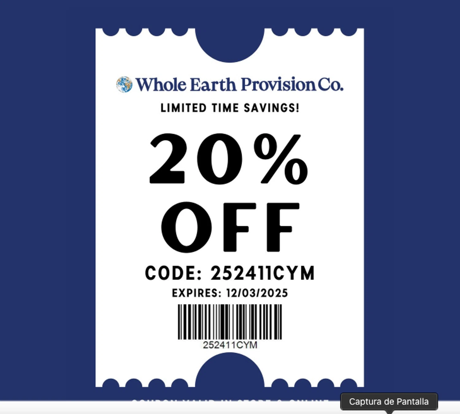 Whole Earth Provision promo code screenshot showing code 252411CYM applied at Whole Earth Provision checkout page. Uploaded by SimplyCodes community member ELOIN777 on Nov 27, 2025