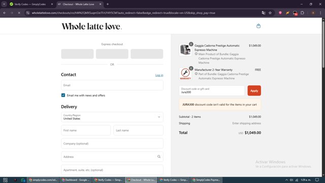 Whole Latte Love checkout page showing Whole Latte Love discount code box | Screenshot taken by SimplyCodes community member on Aug 31, 2025