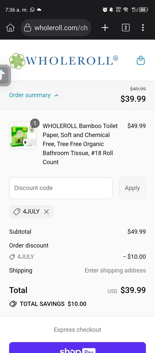 WHOLEROLL promo code screenshot showing code 4JULY applied at WHOLEROLL checkout page. Uploaded by SimplyCodes community member GumballWatterson on Jul 19, 2025