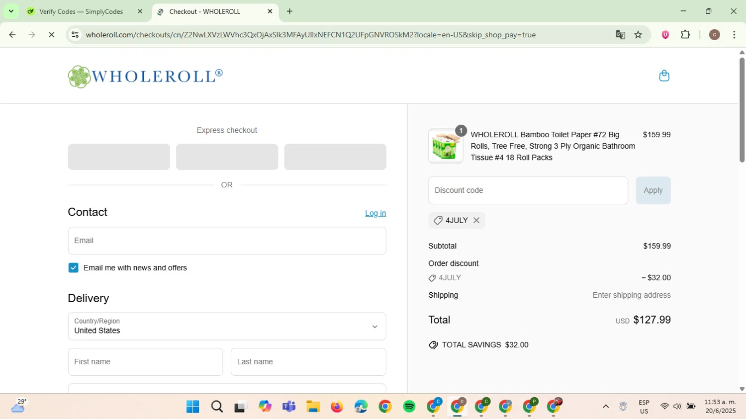 WHOLEROLL promo code screenshot showing code 4JULY applied at WHOLEROLL checkout page. Uploaded by SimplyCodes community member NobleExpert6497 on Jun 20, 2025