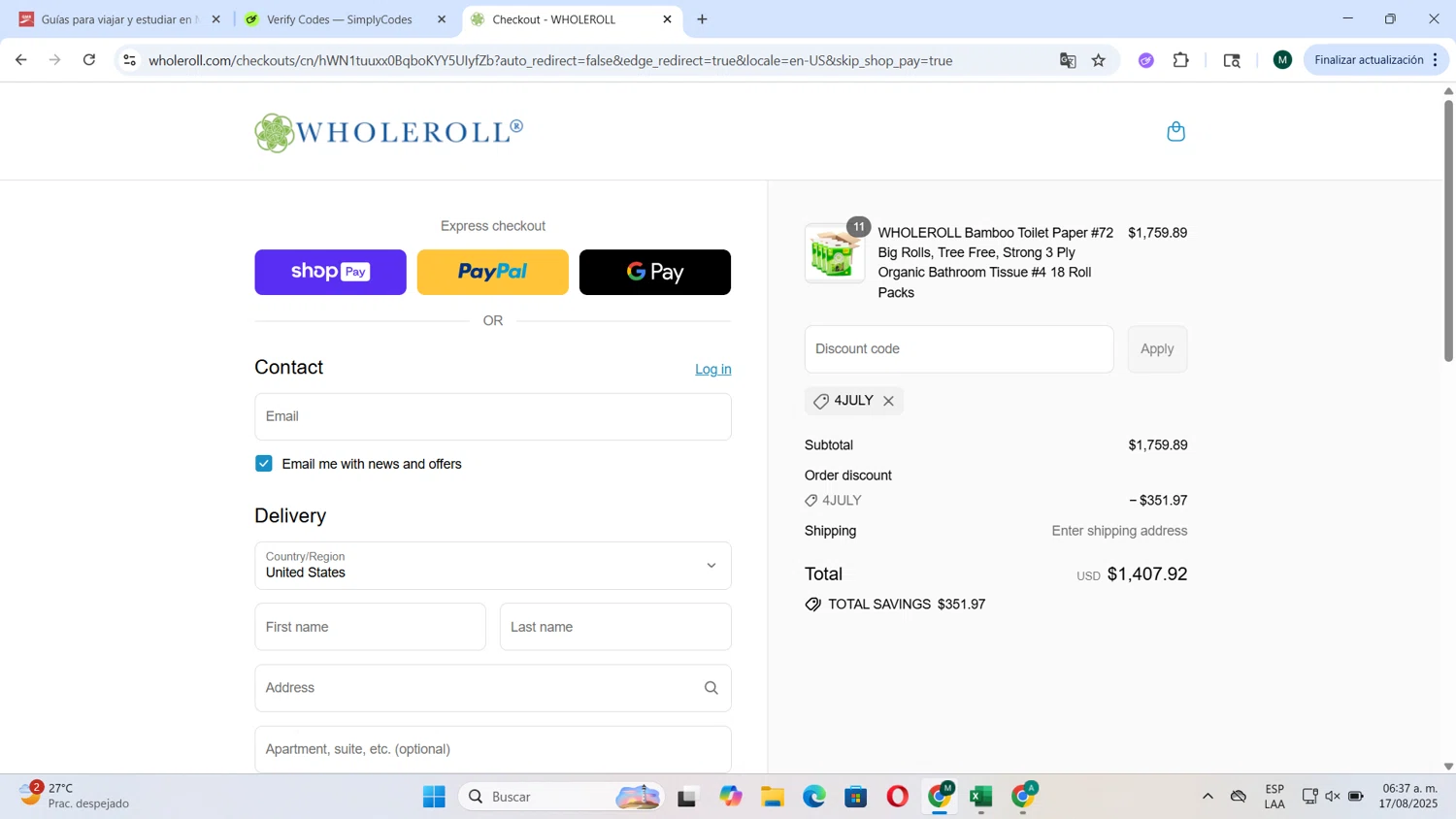 WHOLEROLL promo code screenshot showing code 4JULY applied at WHOLEROLL checkout page. Uploaded by SimplyCodes community member Tortu_1 on Aug 17, 2025