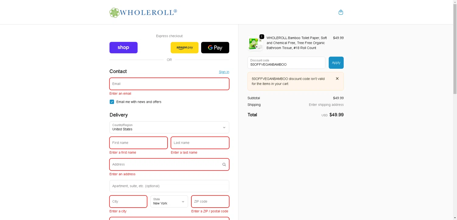 WHOLEROLL promo code screenshot showing code 50OFFVEGANBAMBOO applied at WHOLEROLL checkout page. Uploaded by SimplyCodes community member VoucherHero1009 on Oct 14, 2025