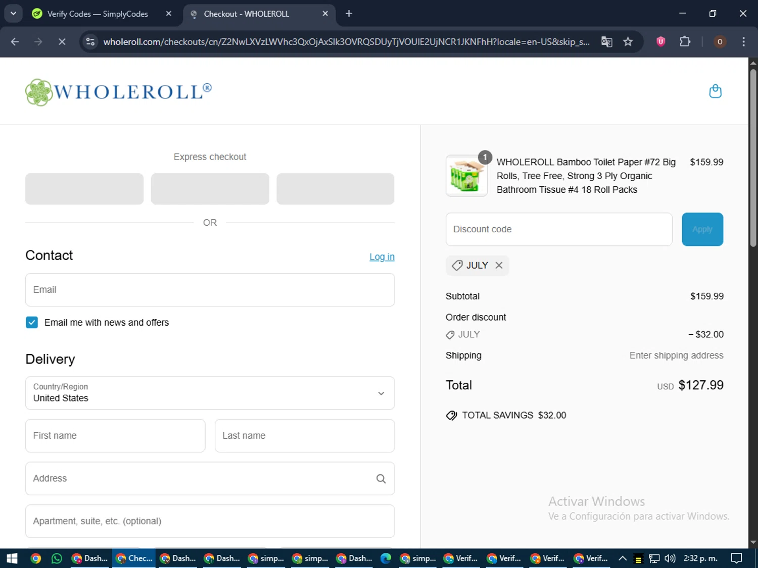 WHOLEROLL promo code screenshot showing code JULY applied at WHOLEROLL checkout page. Uploaded by SimplyCodes community member LegendaryAdmiral8649 on Jun 20, 2025